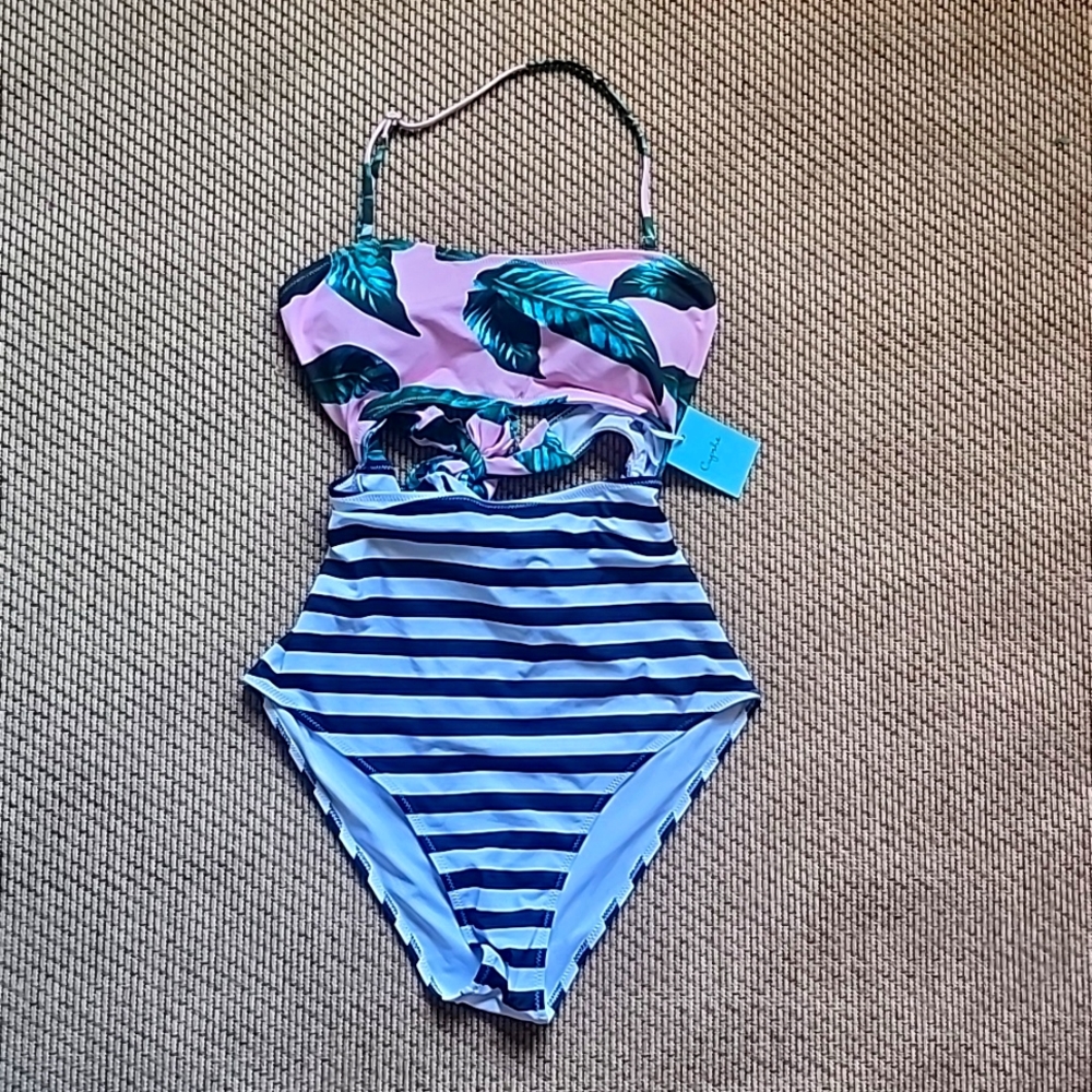 Pink and green LEAVES LARGE white and black strips CUPSHE New no tags